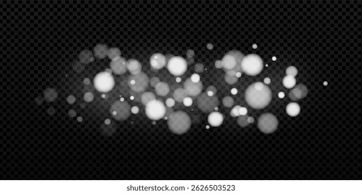 Festlicher weißer Bokeh-Hintergrund mit leuchtenden Partikeln, Glitzer und Schnee. Magisches, glänzendes Vektordesign für Neujahrs- oder Weihnachtskarten, Banner und Feiertagsdekorationen. Moderne, funkelnde Illustration.