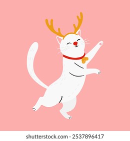 Festive White Cat with Reindeer Antlers