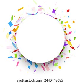 A festive white circle bursts with vibrant confetti, symbolizing celebration and joy on a clean white background.