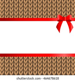 festive white frame against the wall knitted sweater and a red bow. Pattern to decorate greeting or invitation. Vector illustration