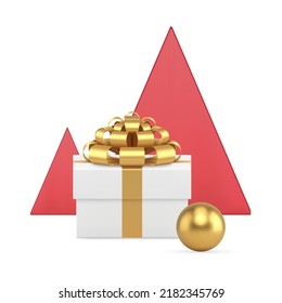 Festive white rectangle gift box golden bow ribbon red minimalist pyramid Christmas tree bauble realistic 3d icon vector illustration. Xmas present pack container with premium toy ball winter holiday
