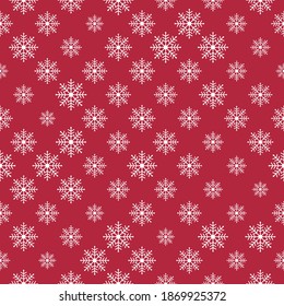 Festive white seamless snowflake texture pattern on red background, Christmas vector illustration for postcards, greeting cards, wallpaper, wrapping paper, invitations. 