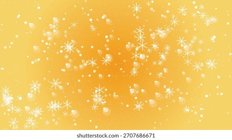Festive white snowflakes falling on a warm gradient yellow background with bokeh