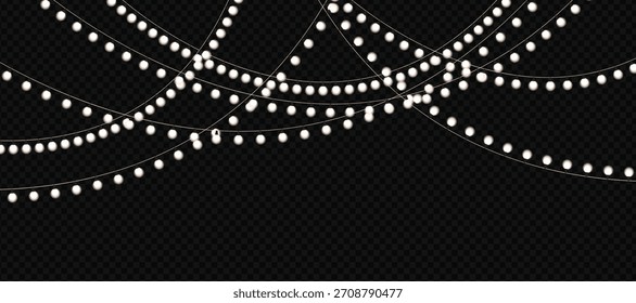 Festive white string lights hang in curves against a dark, checkered background.