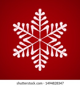 Festive white textured snowflake with shine and glitter on a red background. concept of winter new year holidays. vector illustration