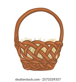Festive wicker basket with straw and long handle. Container for flowers, fruits, Easter eggs, farm dairy products. Vector icon isolated on white background. Festive element for decoration.