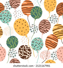 Festive wild balloons pattern, Bright wild animals print balloons decorative background. Wild jungle party wallpaper. Vector illustration. Cheerful cartoon balloons children birthday party design.