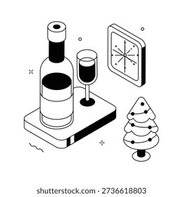 Festive wine and glasses setup for Christmas celebration, isometric illustration