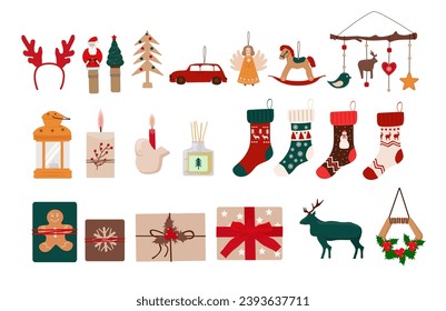 Festive and winter accessories and items for Christmas and New Year. Set of winter decorations. Vector illustration.