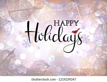 Festive winter background of bokeh lights with frame of hoarfrost leaves and inscription for winter Holidays, vector illustration,