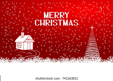 Festive Winter Background. Christmas Greeting Card. Red and White Poster with Hut, Tree and Snowflakes. Vector Illustration