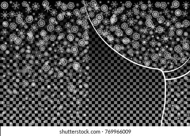 Festive Winter Background. Christmas Greeting Card. Falling Snowflakes on Transparent Background. Vector Illustration