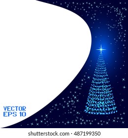 Festive Winter Background. Christmas Tree with Stars. Blue Poster of Merry Christmas! Vector Illustration