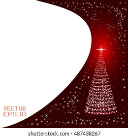 Festive Winter Background. Christmas Tree with Stars. Red Poster of Merry Christmas! Vector Illustration