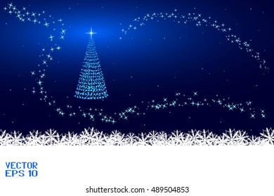 Festive Winter Background. Christmas Tree with Stars. Blue Poster of Merry Christmas! Vector Illustration