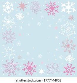 Festive winter background with cute cartoon snowflakes. 