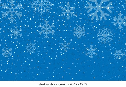 Festive winter background with falling snow and decorative snowflakes on blue. Winter snowflake background. Christmas snow pattern. Blue winter texture. Snow falling backdrop. Frozen holiday