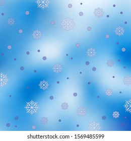 Festive winter background, New Year, Christmas. Blurred abstract background, a combination of azure spots and a smooth transition in light blue, white snowflakes with blue. 