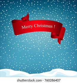 Festive Winter Background with Red Ribbon Merry Christmas Snowfall and Snowdrifts Vector Illustration