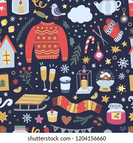 Festive winter background. Seamless pattern with Christmas illustrations and hygge lifestyle interior elements