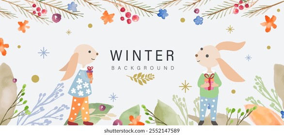 Festive winter banner in watercolour style in vector with cute rabbits.