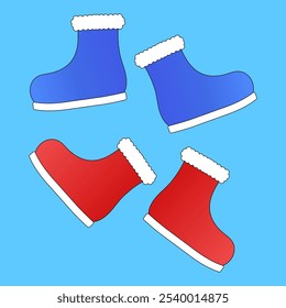 Festive winter boots with fur trim in red and blue. Perfect for Christmas and New Years designs, cards, and holiday decor.