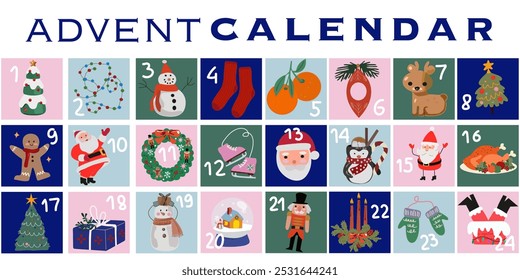 Calendario de invierno festivo en estilo de dibujos animados planos de Vector. Navidades y calendario de Adviento del Año Nuevo. Calendario de vacaciones de cuenta atrás. Árbol de Navidad, regalos de Navidad, Papá Noel, mandarinas, regalos de Año Nuevo