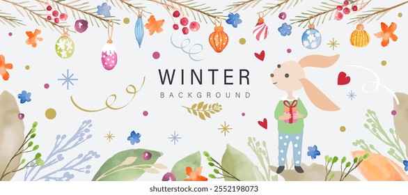 Festive winter card in watercolour style in vector with cute rabbit.