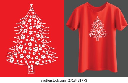 Árbol de Navidad de invierno festivo hecho de Ilustración vectorial de estampados de patas de perro y estrellas, diseño totalmente personalizable