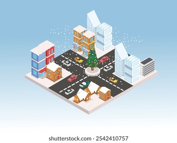 Festive Winter Cityscape with Snow and Christmas Tree in Town Square 3d isometric vector illustration