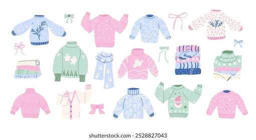 Festive Winter Clothing. Sweaters and stacks of knitwear, bows and scarfs. Vector hand drawn collection illustration isolated on white background.