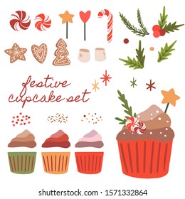 Festive winter cupcake construction kit or creation set banners, web. Bundle of various decorations to build your own design