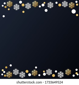 Festive winter dark background with frame of golden and white snowflakes and confetti for decoration, poster, banner, design, text, advert, new year, party, christmas, celebration, gift tag
