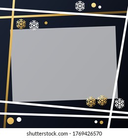 Invierno festivo de fondo oscuro con marco dorado y blanco copos de nieve y confeti para la decoración, afiche, cartel, diseño, texto, anuncio, año nuevo, fiesta, navidad, celebración, etiqueta de regalo