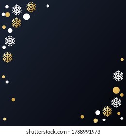 Festive winter dark background with frame of golden and white snowflakes and confetti for decoration, poster, banner, design, text, advert, new year, party, christmas, celebration, gift tag