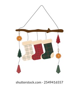 A festive winter decoration. A twig with toys and beige, red, green plaid Christmas socks. An eco-friendly holiday. Isolated on a white background. Vector illustration.