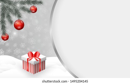 Festive winter design. Red striped gift box on snow. Snowy pine branch with christmas tree ornaments. Silver strip, snowflakes, bokeh, sparkle decoration. Copy space on the right side. 3D illustration