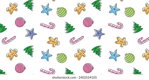Festive winter doodle seamless pattern with Christmas tree, gingerbread man, balls, candy cane. Vector illustration of Christmas new year festive background for gift paper, labels, wallpaper, wrapping