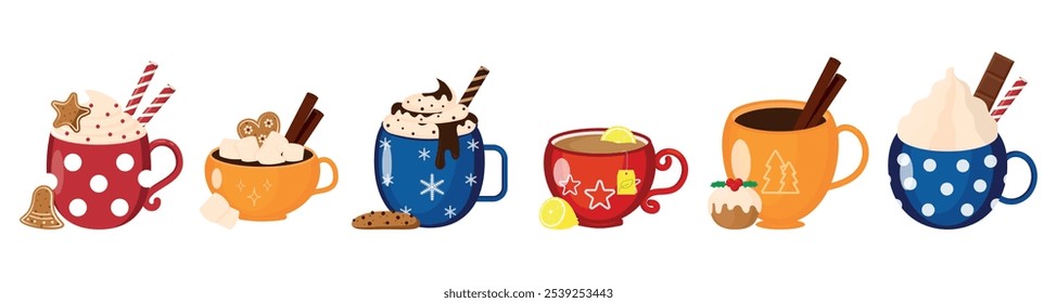 Festive Winter Drinks: Coffee with Cinnamon, Tea with Lemon, Hot Chocolate with Whipped Cream and Candy Canes, Cocoa with Marshmallows. Mugs for Christmas, New Year or Winter Holidays. Vector