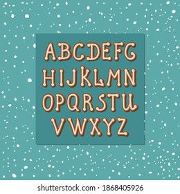 Festive winter English alphabet. Delicious baked gingerbread with white icing. Isolated vector objects. New year and Christmas decor in doodle style.