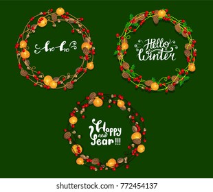 festive winter frame with lettering. design of wreaths for postcards, posters, stickers. vector illustration