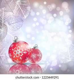 Festive winter greeting card with red holiday balls against background of bokeh lights with frame of hoarfrost leaves, vector illustration,