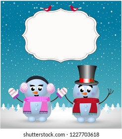 Festive winter greeting card template of cute little baby snowman and snowgirl holding hands on winter snowy landscape background with copy space. Vector illustration, postcard, flyer, invitation