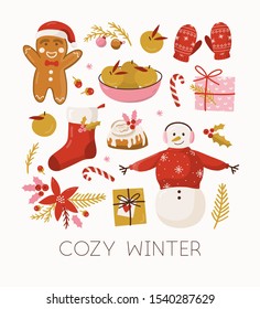 Festive winter greeting card vector template. Merry christmas and happy new year postcards, poster, banner. Traditional holiday symbols hand drawn illustrations with typography.