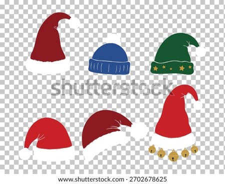 Festive and winter hats, including several red Santa hats, a green elf hat, and a blue beanie.