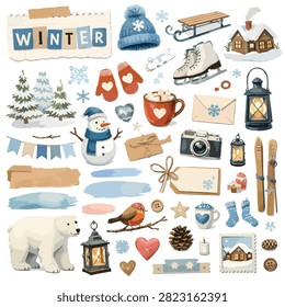 A festive winter holiday flat lay featuring Christmas decorations and seasonal items arranged on a wooden background
