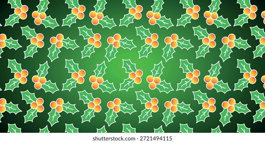 Festivo inverno Natal sem emenda padrão com folhas de Holly e bagas em um fundo verde gradiente