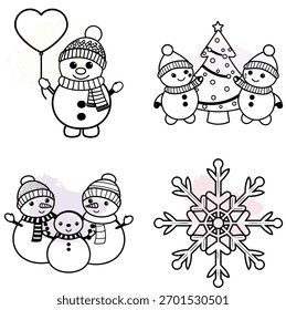 Festivo inverno conjunto de férias com bonitos bonecos de neve árvore de Natal e floco de neve em preto e branco