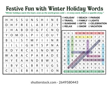 Festivo inverno férias palavra procurar quebra-cabeça com palavras como sol, relaxar, luzes, desfile, neve e celebração.
