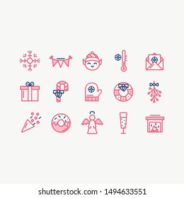 Festive winter holidays christmas line two color icon set